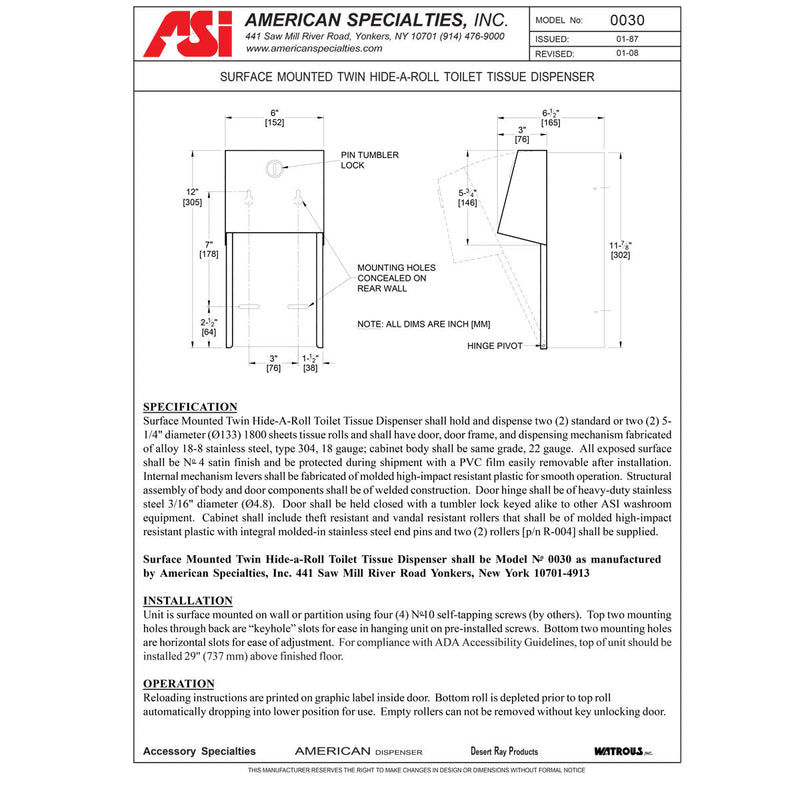 ASI 0030 Surface Mounted Dual Roll Toilet Tissue Dispenser