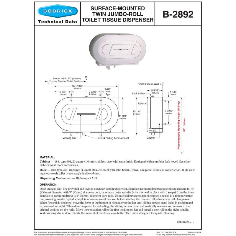 Bobrick B-2892 Classic Series Jumbo-Roll Toilet Paper Dispenser, Twin