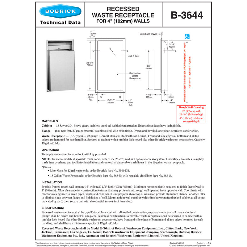 Bobrick B-3644 Commercial Waste Receptacle, Stainless Steel, Recessed