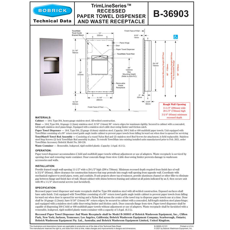 Bobrick B-36903 Recessed Paper Towel Dispenser/Waste Receptacle