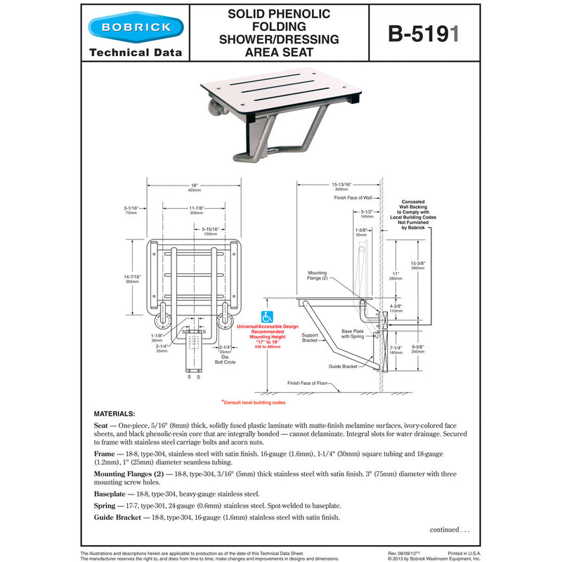 Bobrick B-5191 Barrier Free Commercial Shower/Dressing-Area Seat