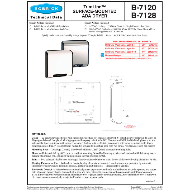 Bobrick B-7128 115V TrimLine Surface-Mounted ADA Dryer