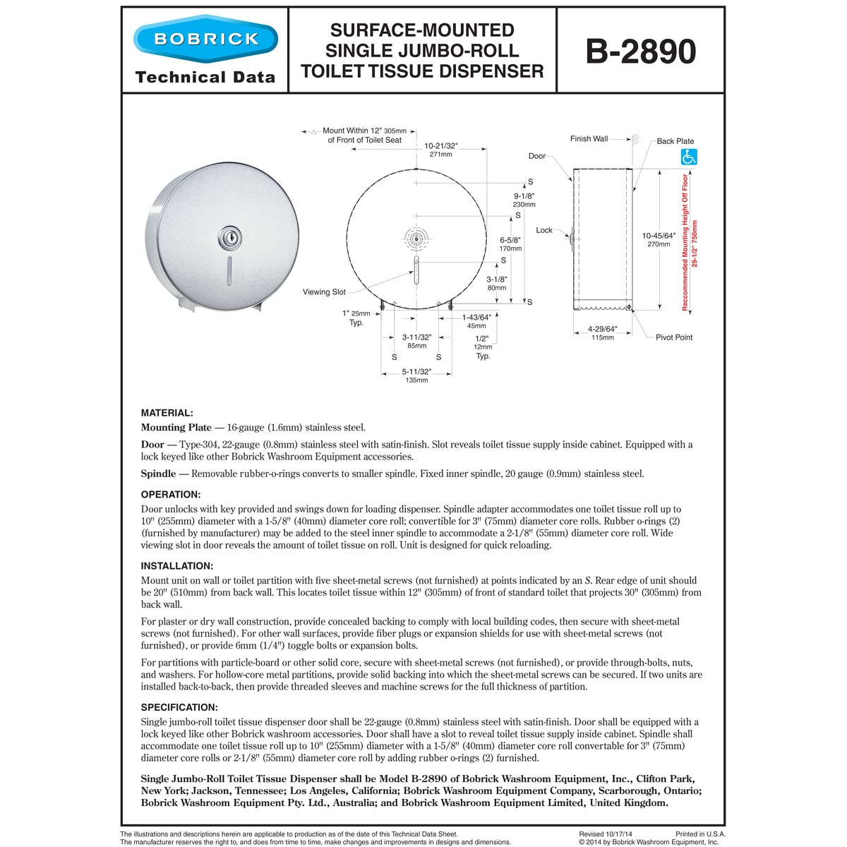 Bobrick B-2890 Commercial Jumbo-Roll Toilet Tissue Dispenser, Single