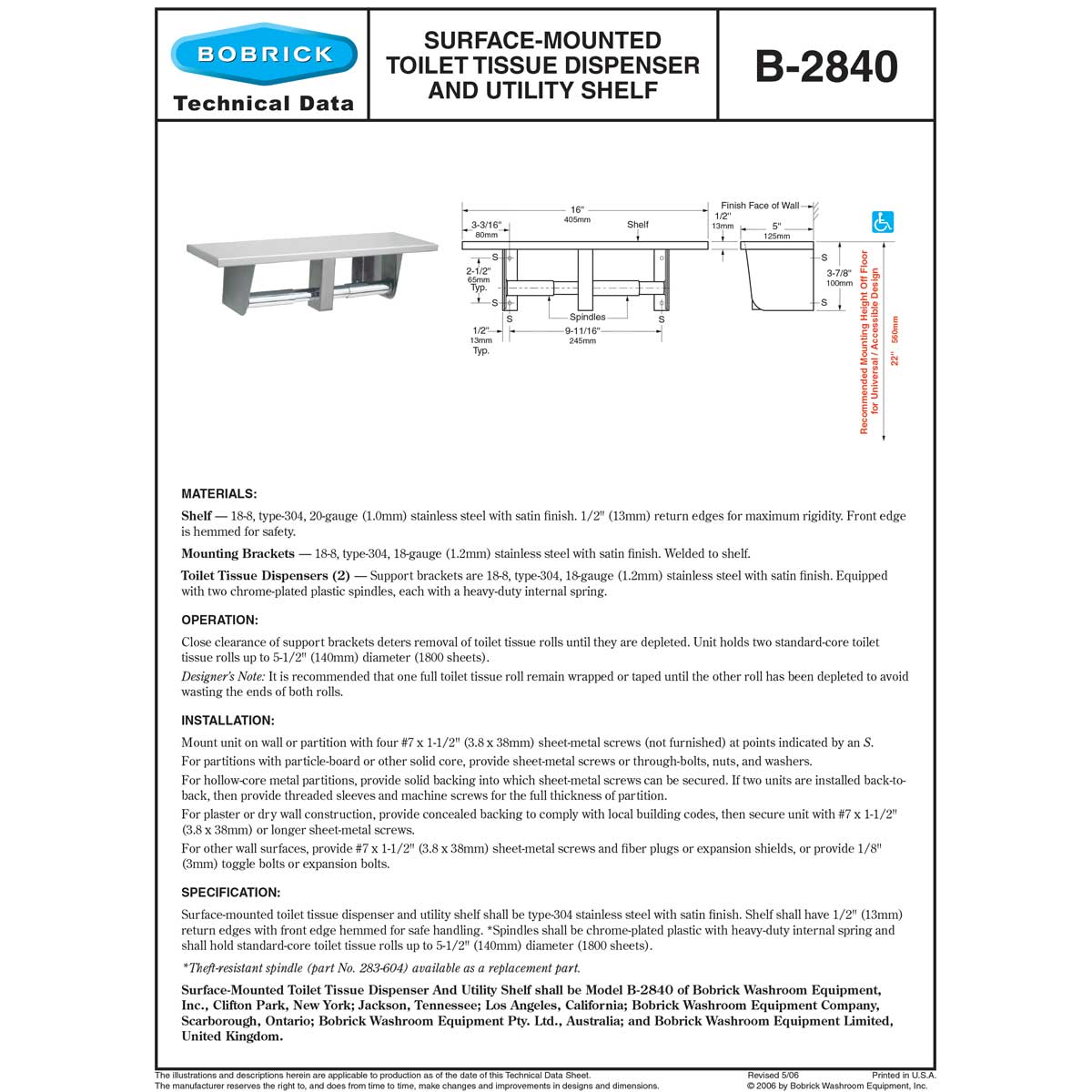 Bobrick B-2840 Two-Roll Restroom Toilet Paper Dispenser Utility Shelf