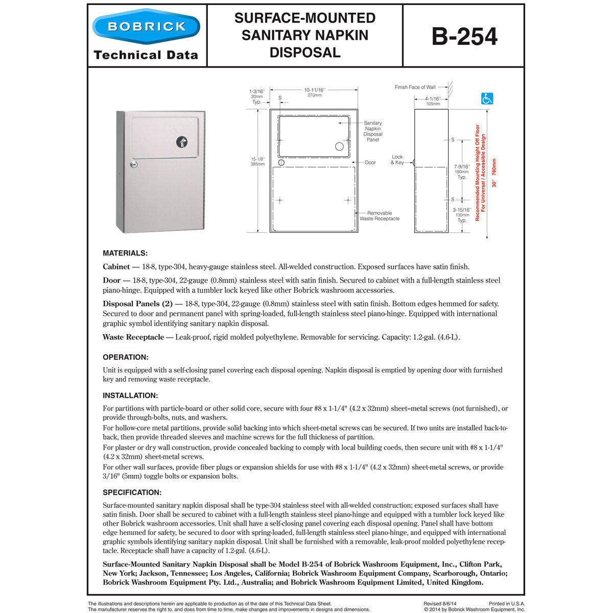 Bobrick B-254 Surface-Mount Sanitary Napkin Tampon Disposal, Stainless