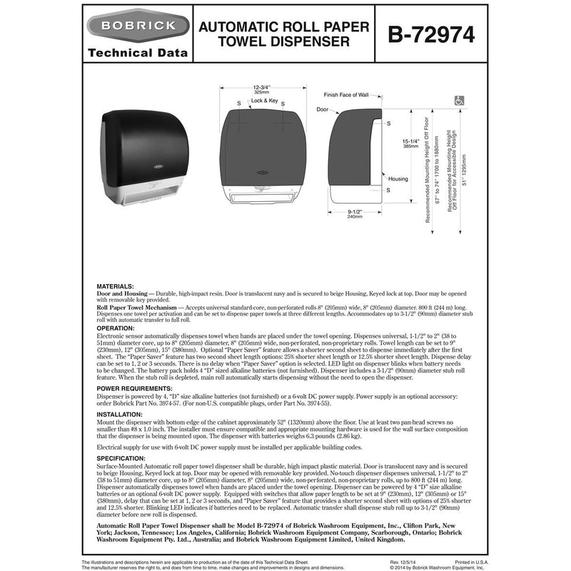 Bobrick B-2974 Surface Mounted Automatic Universal Roll Paper Towel Dispenser