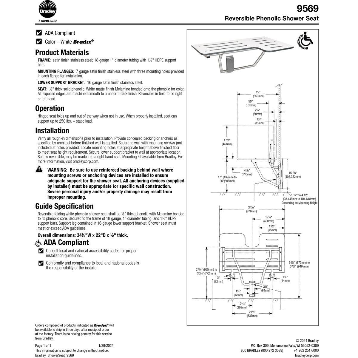 Bradley Shower Seat, 9569-00