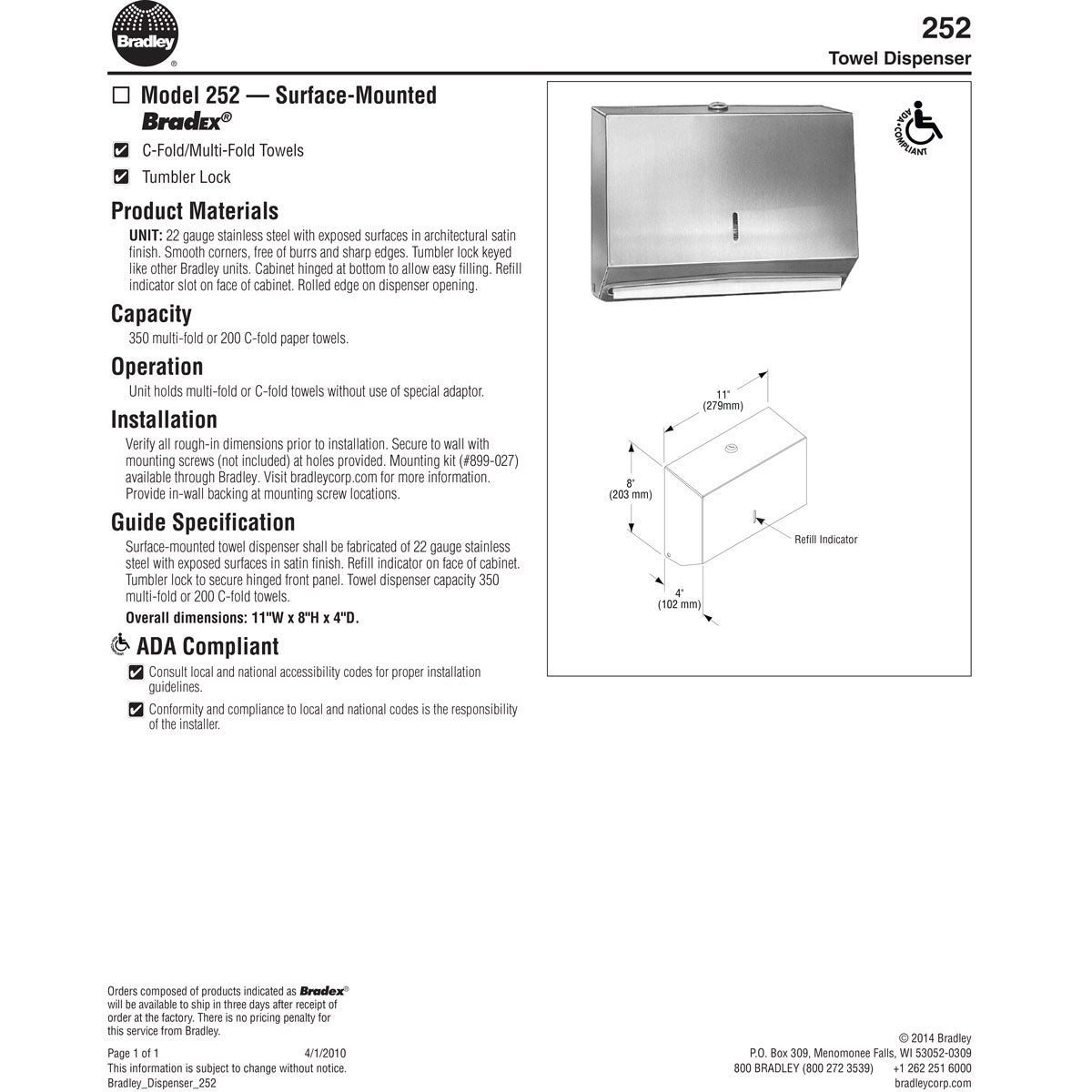 Bradley BX-Towel Dispenser, 252-00, Multi-Fold Or C-Fold Towels