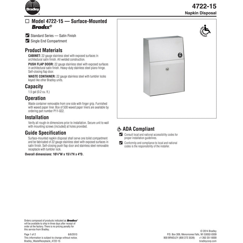 Bradley BX 4722-150000 Commercial Sanitary Napkin Disposal Receptacle