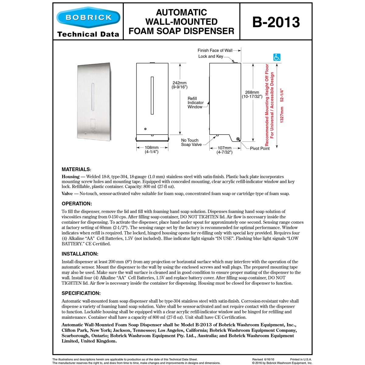 Bobrick B-2013 Automatic Foam Commercial Soap Dispenser, Wall-Mounted