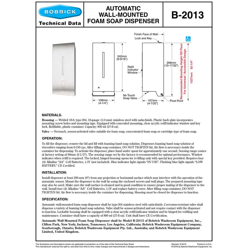 Bobrick B-2013 Automatic Foam Commercial Soap Dispenser, Wall-Mounted