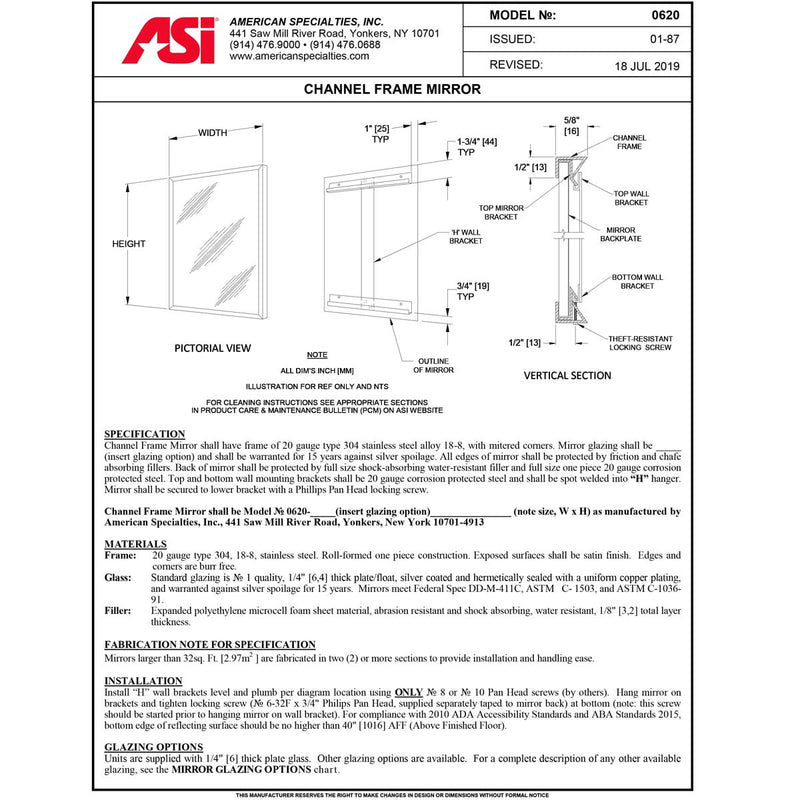 ASI 0620-1836 (18 x 36) Stainless Steel Channel Frame Mirror, 18" Wide X 36" High