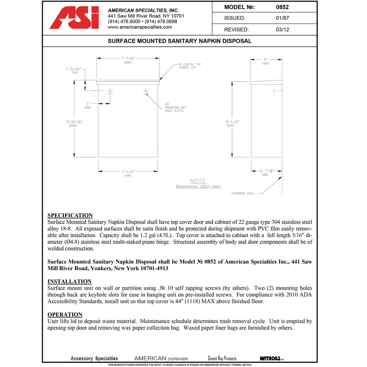 ASI 0852 Surface Mounted Sanitary Napkin Disposal
