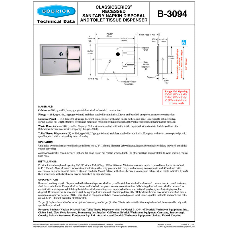 Bobrick B-3094 Recessed Sanitary Napkin Disposal and Toilet Tissue Dispenser