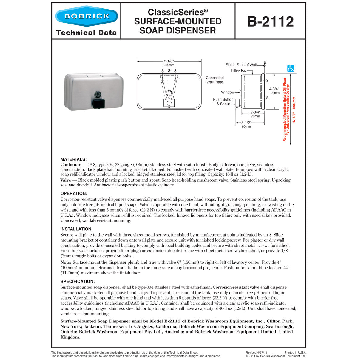 Bobrick B-2112 Commercial Soap Dispenser, Stainless Steel, Horizontal