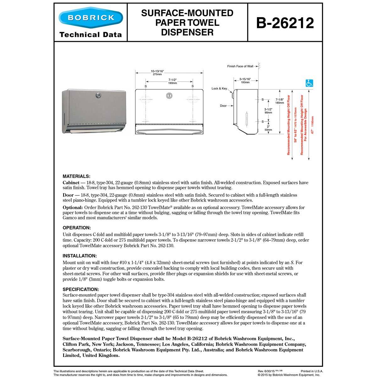 Bobrick B-26212 Public Restroom Paper Towel Dispenser, Stainless Steel