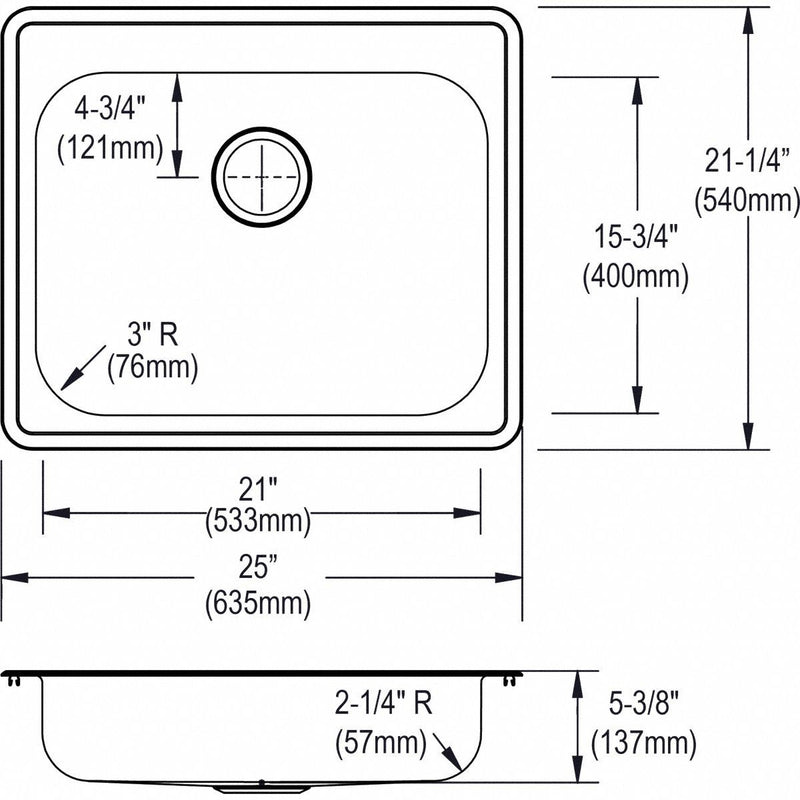 Elkay 25 in x 21 1/4 in x 5 3/8 in Drop-In Sink with Faucet Ledge with 21 in x 15-3/4 in Bowl Size - GE125213