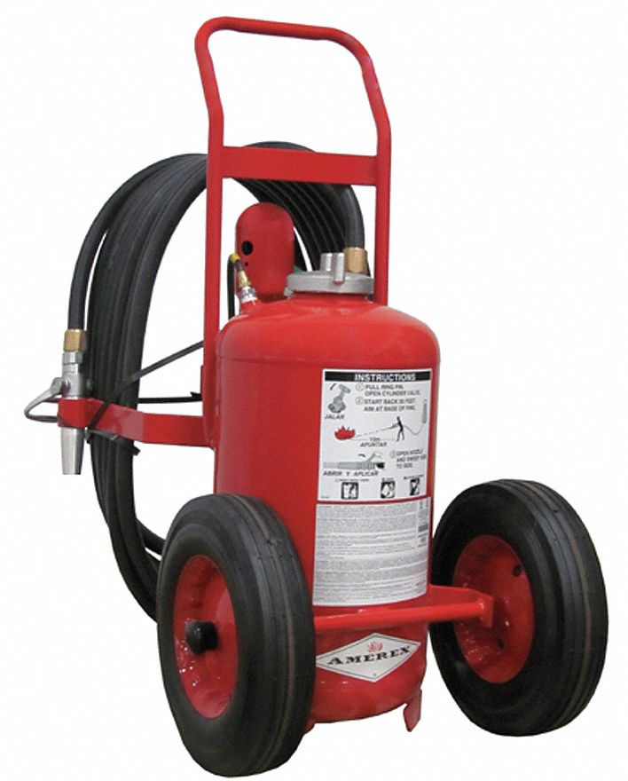 Amerex Dry Chemical, BC Class Wheeled Fire Extinguisher with 125 lb Capacity and 53 sec Discharge Time - 452