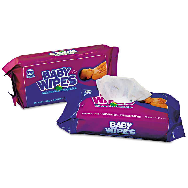 Royal Baby Wipes Refill Pack, White, 80/Pack, 12 Packs/Carton - RPPRPBWUR80