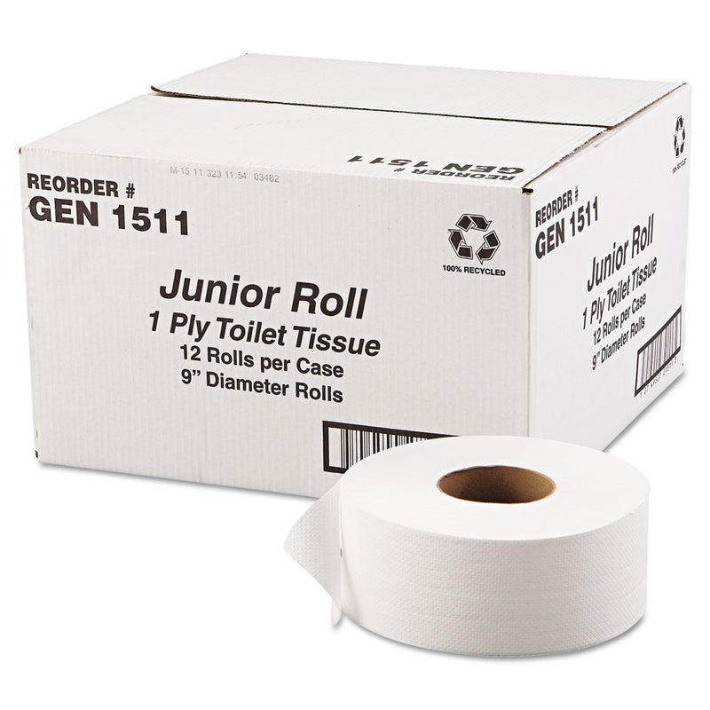 GEN Jrt Jumbo Bath Tissue, Septic Safe, 1-Ply, White, 9" Dia, 12 Rolls/Carton - GEN1511
