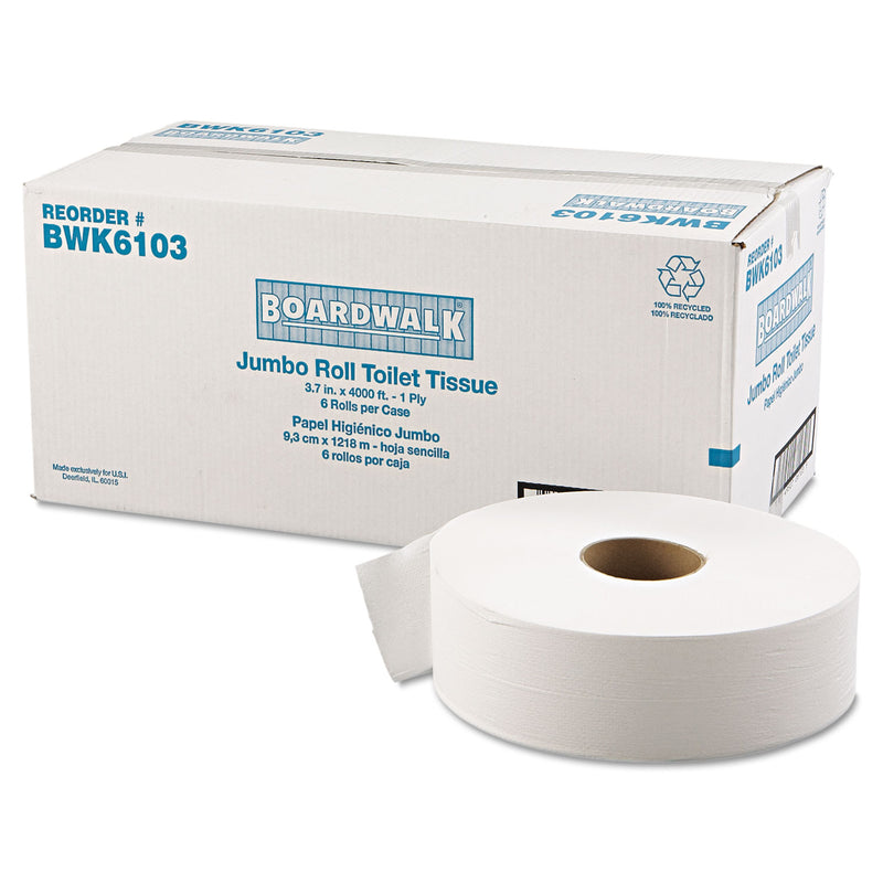 Boardwalk Jrt Bath Tissue, Jumbo, Septic Safe, 1-Ply, White, 3 5/8" X 4000 Ft, 6/Carton - BWK6103