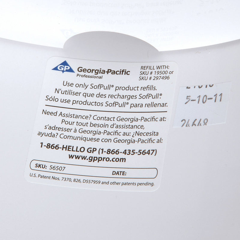 Georgia-Pacific Toilet Paper Dispenser, SofPull(R), White, Center Pull, (1) Roll Dispenser Capacity, Plastic - 56507
