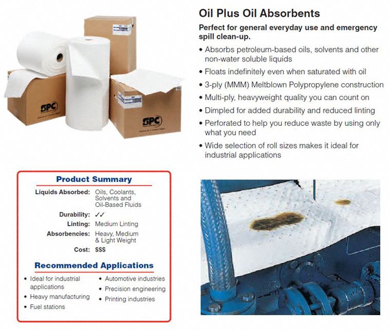 Brady 200 ft Absorbent Roll, Fluids Absorbed: Oil-Based Liquids, Medium, 38 gal, 1 EA - OP350-200P