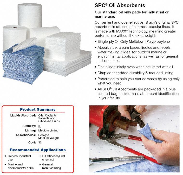 Brady 39 in Absorbent Pad, Fluids Absorbed: Oil-Based Liquids, Heavy, 73 gal, 50 PK - SPC50
