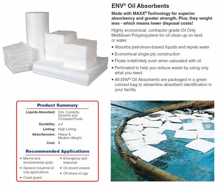 Brady 30 in Absorbent Pad, Fluids Absorbed: Oil-Based Liquids, Medium, 50 gal, 50 PK - ENV50