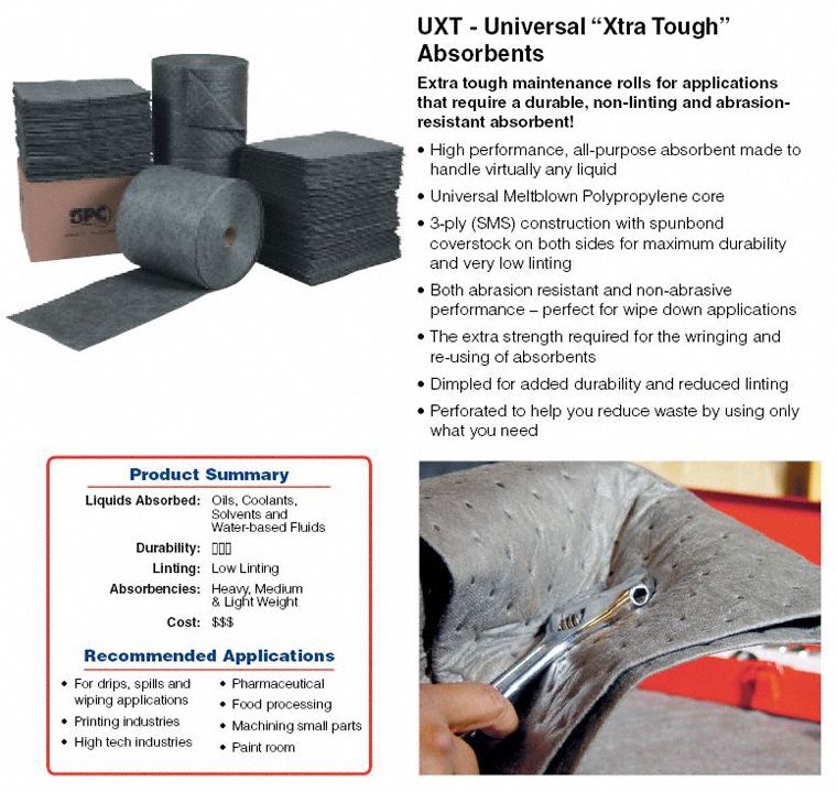 Brady 150 ft Absorbent Roll, Fluids Absorbed: Universal, Heavy, 18 gal, 1 EA - UXT15P