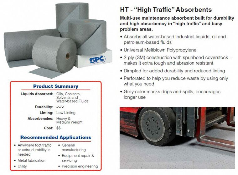 Brady 150 ft Absorbent Roll, Fluids Absorbed: Chemical, Hazmat, Heavy, 23 gal, 1 EA - HT555