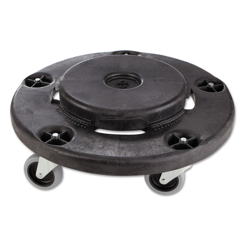 Rubbermaid Brute Round Twist On/Off Dolly, 250 Lb Capacity, 18" Dia X 6.63"H, Fits 20-55 Gallon Brute Containers, Black - RCP264000BK