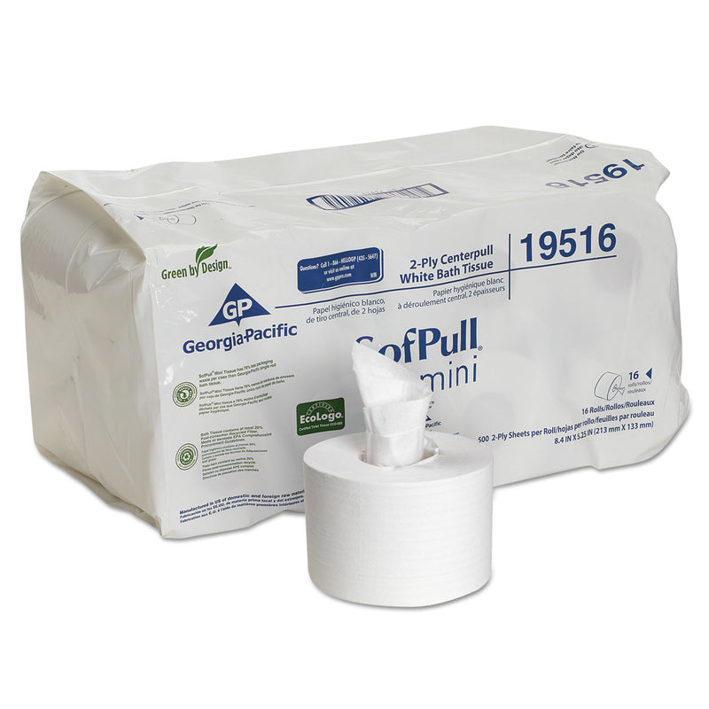 Georgia-Pacific Sofpull Mini Centerpull Bath Tissue, Septic Safe, 2-Ply, White, 5.25 X 8.4, 500 Sheets/Roll, 16 Rolls/Carton - GPC19516