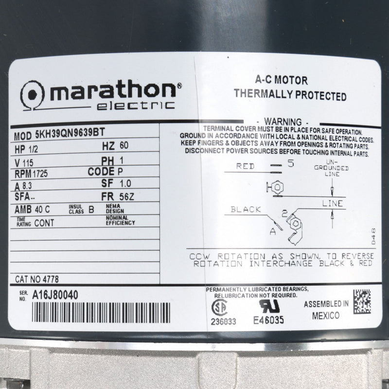 Marathon Motors 1/2 HP, General Purpose Motor, Split-Phase, 1725 Nameplate RPM, 115 Voltage, 56Z Frame - 5KH39QN9639T