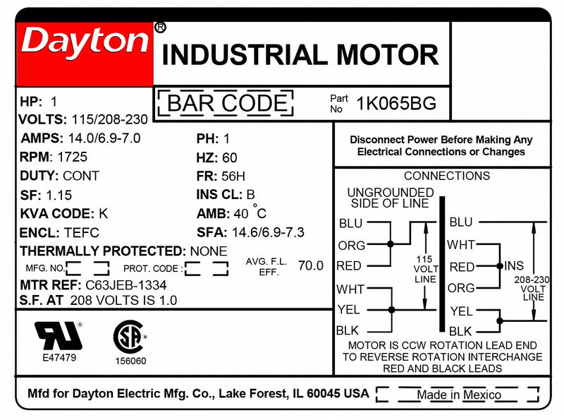 Dayton 1 HP, General Purpose Motor, Capacitor-Start, 1725 Nameplate RPM, 115/208-230 Voltage - 1K065