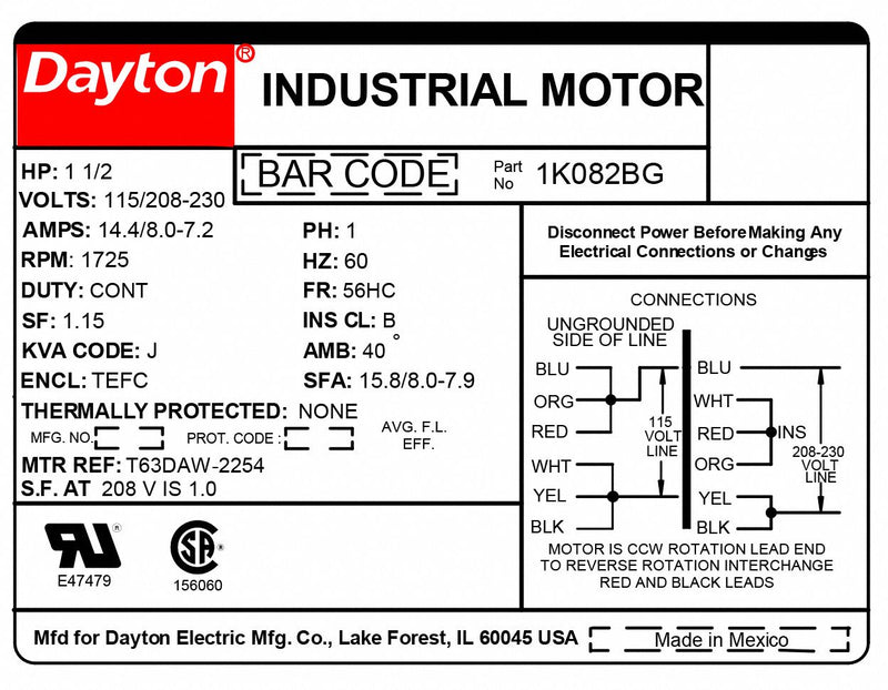 Dayton 1 1/2 HP, General Purpose Motor, Capacitor-Start/Run, 1725 Nameplate RPM, 115/208-230 Voltage - 1K082