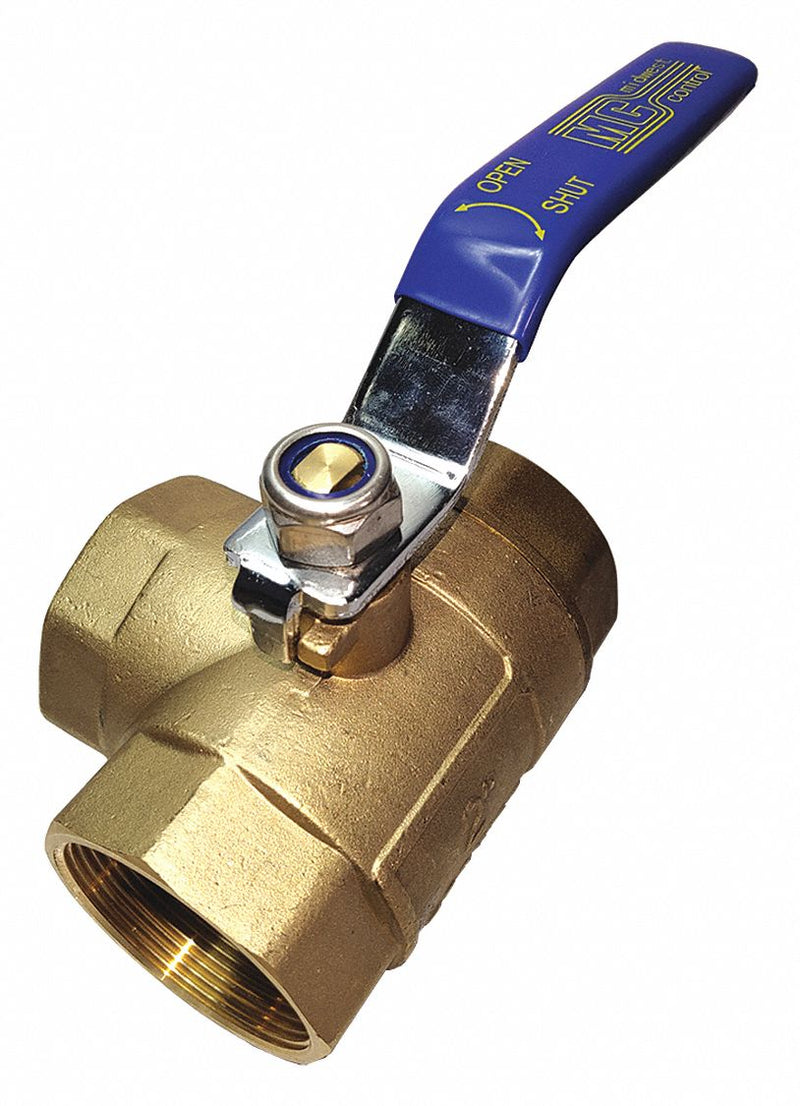Top Brand Ball Valve, Brass, 3-Way, 2-Piece, Pipe Size 1/2 in, Connection Type FNPT x FNPT x FNPT - 1PZA1