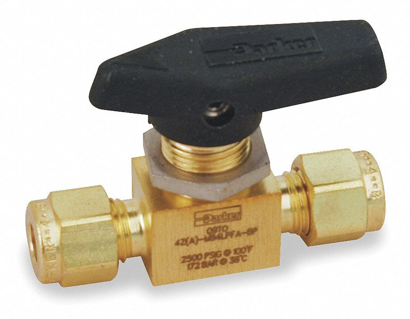 Parker Mini Ball Valve, Brass, Inline, 1-Piece, Tube Size 1/4 in, Connection Type Comp. x Comp. - 4A-MB4LPFA-BP