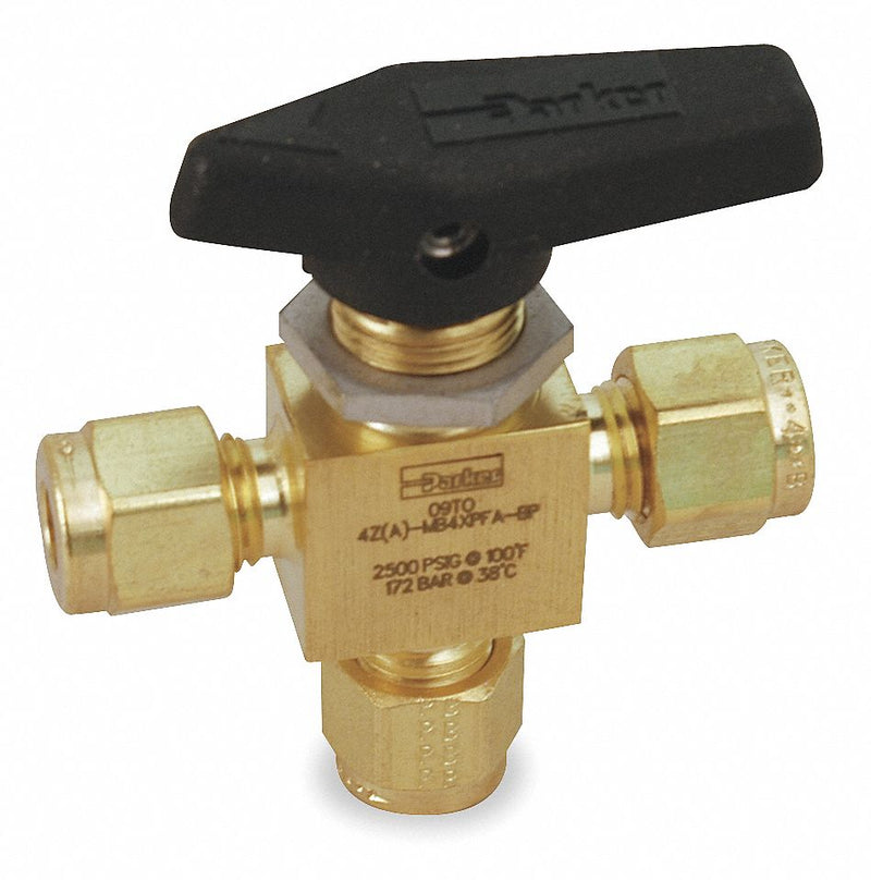 Parker Mini Ball Valve, Brass, 3-Way, 1-Piece, Tube Size 1/4 in, Connection Type Comp. x Comp. x Comp. - 4Z-MB4XPFA-BP