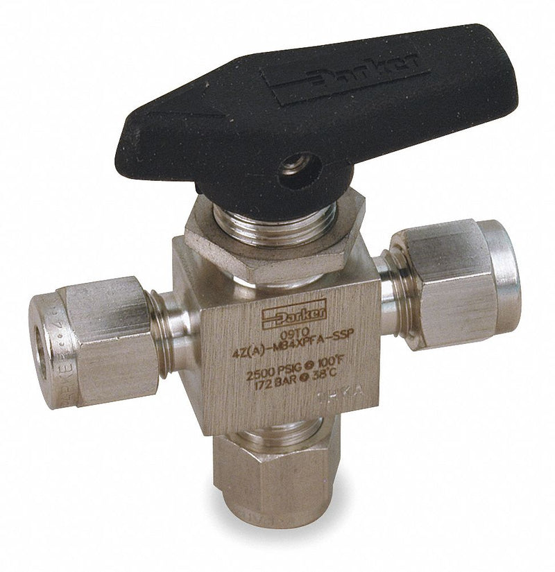 Parker Ball Valve, 316 Stainless Steel, 3-Way, 1-Piece, Pipe Size 3/8 in, Tube Size 3/8 in - 6A-MB6XPFA-SSP