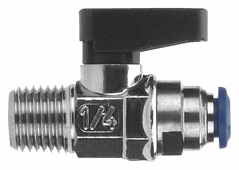 Alpha Fittings Mini Ball Valve, Nickel-Plated Brass, Inline, 1-Piece, Pipe Size 1/8 in, Tube Size 1/4 in - 86330-04-02