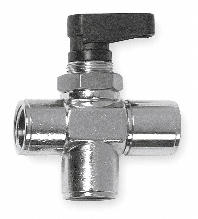 Alpha Fittings Mini Ball Valve, Nickel-Plated Brass, 3-Way, 1-Piece, Pipe Size 1/4 in - 86700-04