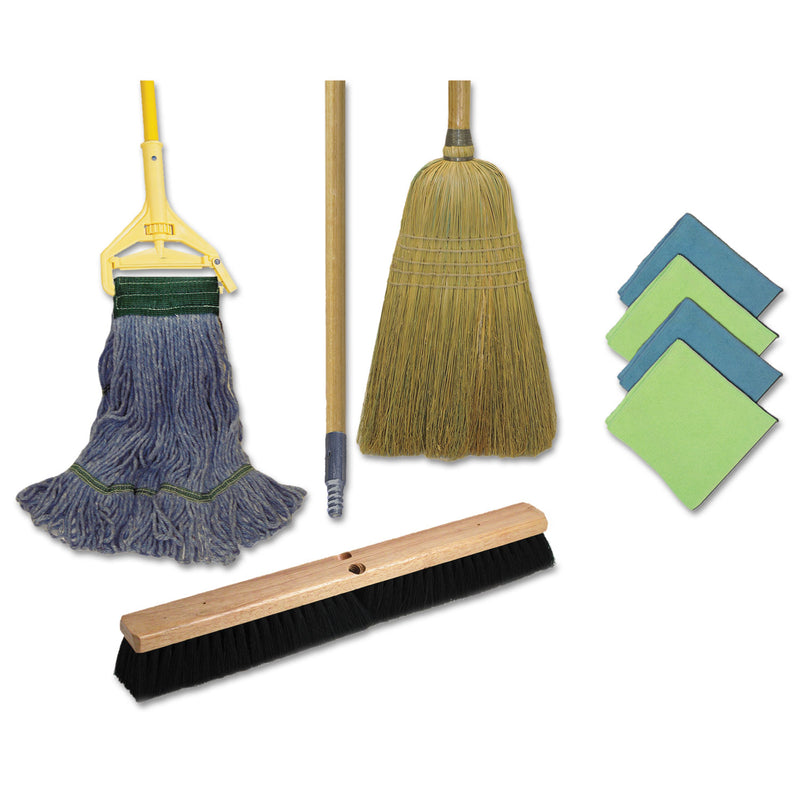 Boardwalk Cleaning Kit, 1 Mop, 2 Handles, 1 Push Broom, 1 Maids Broom, 4 Microfiber Wipes - BWKCLEANKIT