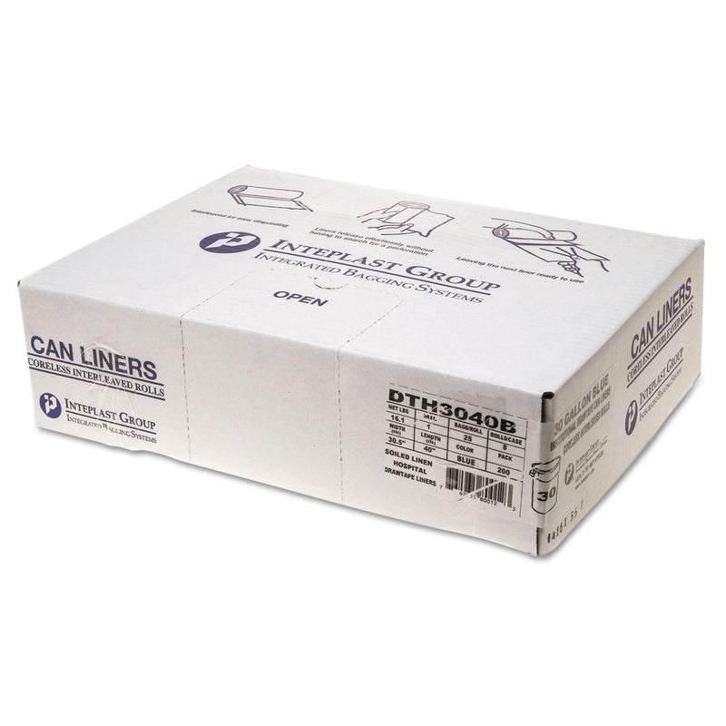 Inteplast Draw-Tuff Institutional Draw-Tape Can Liners, 30 Gal, 1 Mil, 30.5" X 40", Blue, 200/Carton - IBSDTH3040B