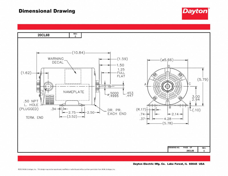 Dayton 1/3 HP, General Purpose Motor, 3-Phase, 1725 Nameplate RPM, 230/460 Voltage, 48 Frame - 103818