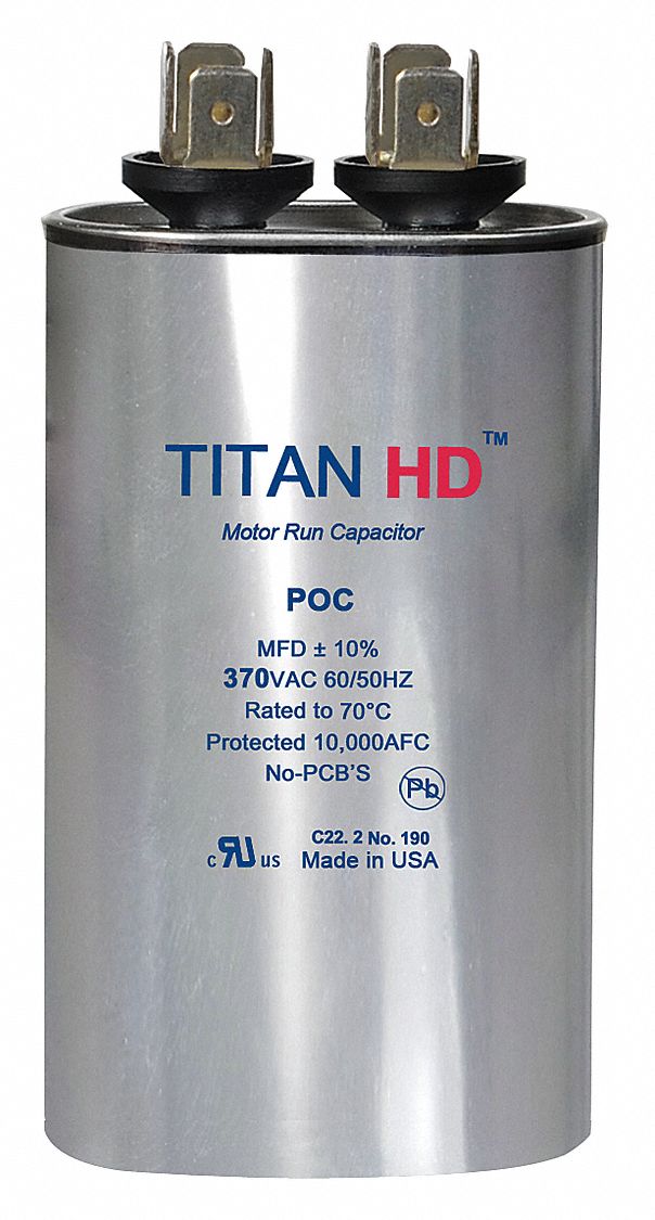 Titan Oval Motor Run Capacitor,7.5 Microfarad Rating,370VAC Voltage - POC7.5A