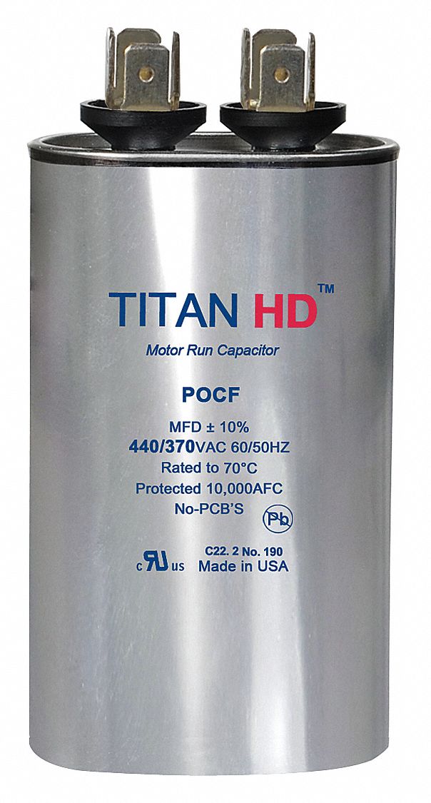 Titan Oval Motor Run Capacitor,12.5 Microfarad Rating,440VAC Voltage - POCF12.5A