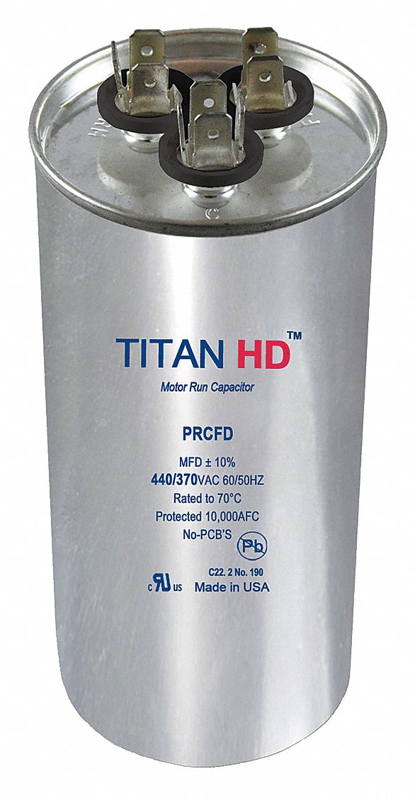 Titan Round Motor Dual Run Capacitor,45/7.5 Microfarad Rating,440VAC Voltage - PRCFD4575A
