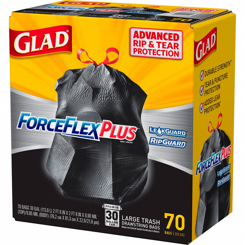 Glad Trash Bag, 30 gal., LLDPE, Coreless Roll, Black, PK 70 - 70358
