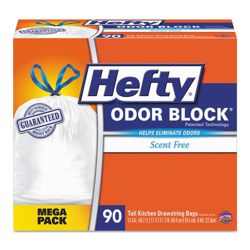 Hefty Strong Tall Kitchen Drawstring Bags, 13 Gal, 0.9 Mil, 34" X 48", White, 90/Box - RFPE84574CT